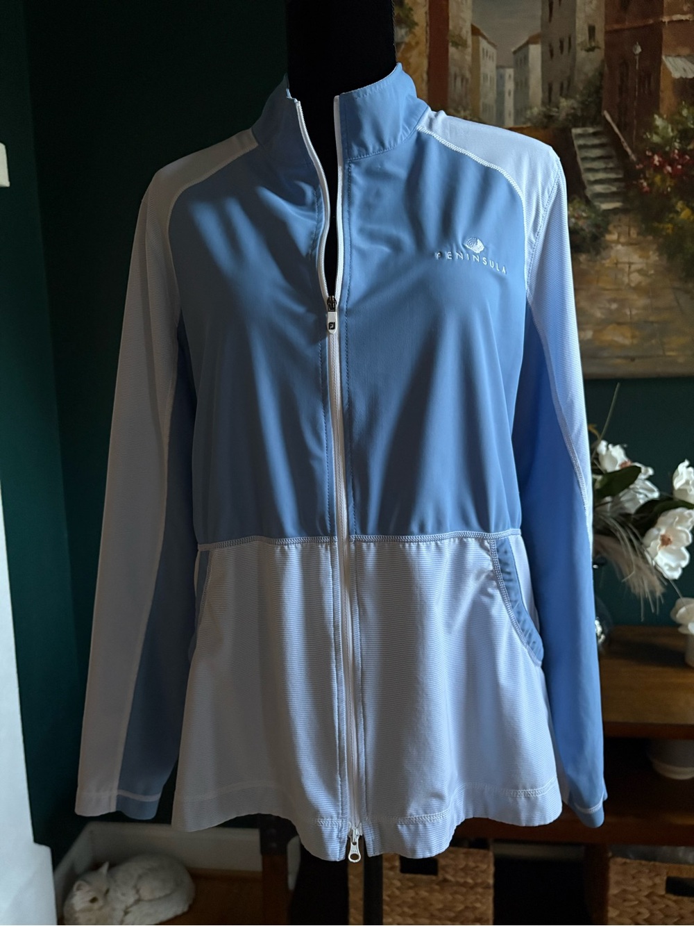 FootJoy Two-Tone Light Blue and White Zip-Front Utility Jacket